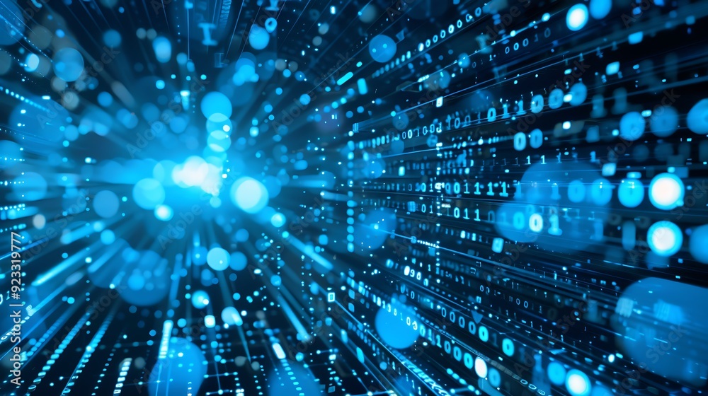 Poster abstract digital background with binary code and glowing blue lights, representing data, technology 