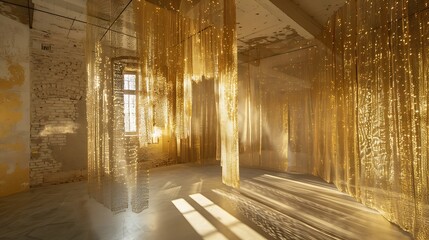 Art installation with shimmering golden curtains creating an ethereal atmosphere in an old building.