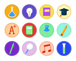 Collection of vector school illustrations: pencil, pen, flask, notebook, book, note, calculator
