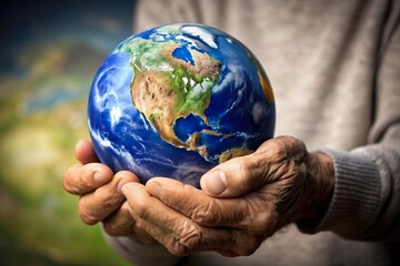 old person hold earth globe in hand. Aging world population concept