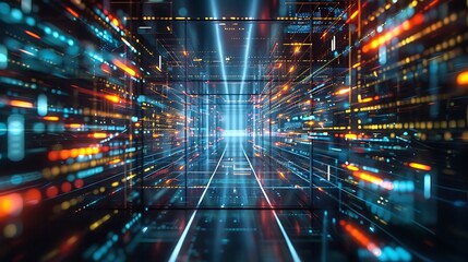 Abstract Digital Data Flow network with blue and orange lights, representing the flow of information and technology.