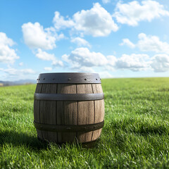 Obraz premium Aged Wooden Barrel Resting in Lush Green Grass.Weathered Barrel Resting on a Green Meadow.