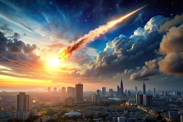 burning meteor fall on the sky above city