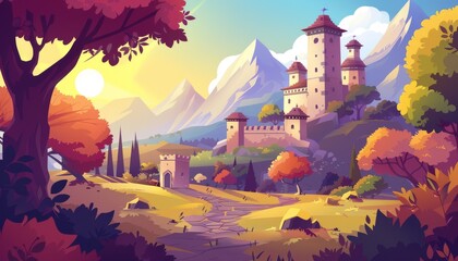 Majestic castle in a verdant valley. Majestic castle on verdant hilltop. Cartoon game illustration background.