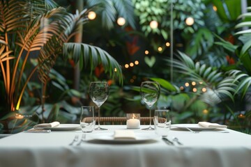 Valentine's Day, Romantic Evening. elegant dining table setting of beautiful luxury restaurant 