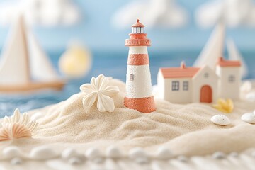 Mini lighthouse beach scene for coastal home decor and nautical themed events featuring sand seashells and bokeh lighting