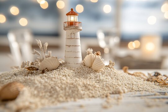 Mini lighthouse beach scene for coastal home decor and nautical themed events featuring sand seashells and bokeh lighting