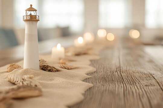 Mini lighthouse beach scene for coastal home decor and nautical themed events featuring sand seashells and bokeh lighting