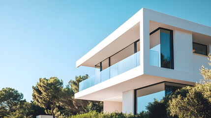 Beautiful modern house with large windows. Minimalist architecture with clean lines and a contemporary design