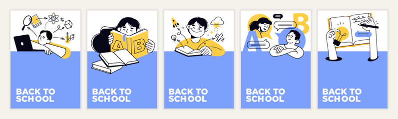 Back to school. Set of vector illustration posters and banners of education, learning, back to school, reading book, online course and training, distance education and e-learning.