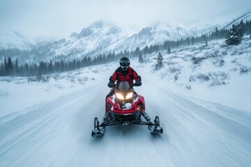 A person riding a red snowmobile at high speed on a snow-covered mountain trail with pine trees and snowy peaks in the background, showcasing winter adventure.