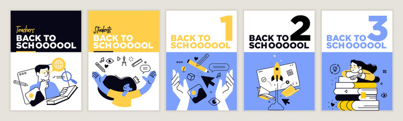 Back to school. Set of vector illustration posters and banners of education, learning, back to school, reading book, online course and training, distance education and e-learning.