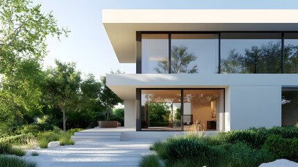 Fototapeta premium Beautiful modern house with large windows. Minimalist architecture with clean lines and a contemporary design