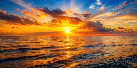 Fototapeta premium Warm sunset glow over ocean water, sunset, sun, ocean, water, warm, glow, evening, dusk, horizon, peaceful, tranquil
