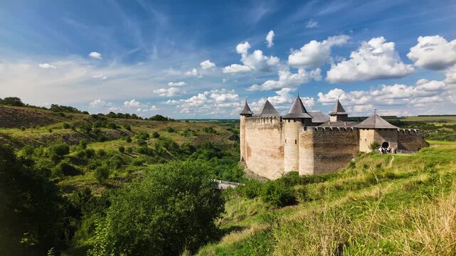 Khotyn Fortress Romanian: Cetatea Hotinului is a fortress of the 10th-18th centuries, huge walls and towers on the banks of the Dniester, time lapse accelerated video