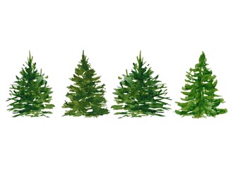 Set of isolated watercolor green Christmas trees hand drawn White background