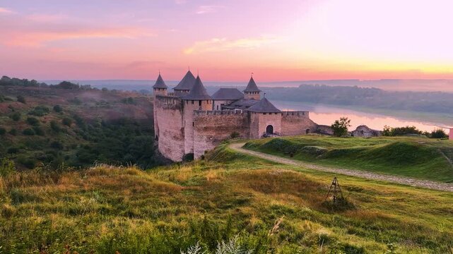 Khotyn Fortress Romanian: Cetatea Hotinului is a fortress of the 10th-18th centuries, huge walls and towers on the banks of the Dniester, time lapse accelerated video