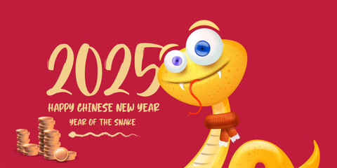 Happy Chinese New Year 2025 illustration vector design with cute and elegant golden snake and golden coins. Cartoon snake with scarf symbol of 2025 lunar year. New year illustration