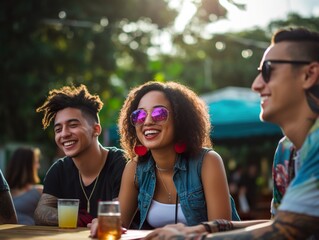 Diversity Friends enjoying party having fun at vineyard place during sunset at open air picnic.good time during a party