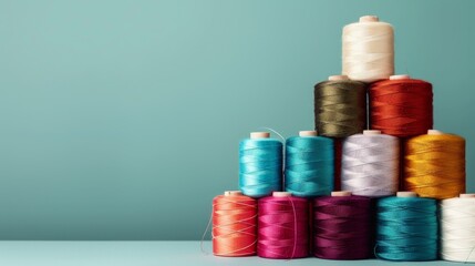 Neatly stacked spools of colorful thread against a teal background, showcasing a rainbow array for sewing enthusiasts and artists.