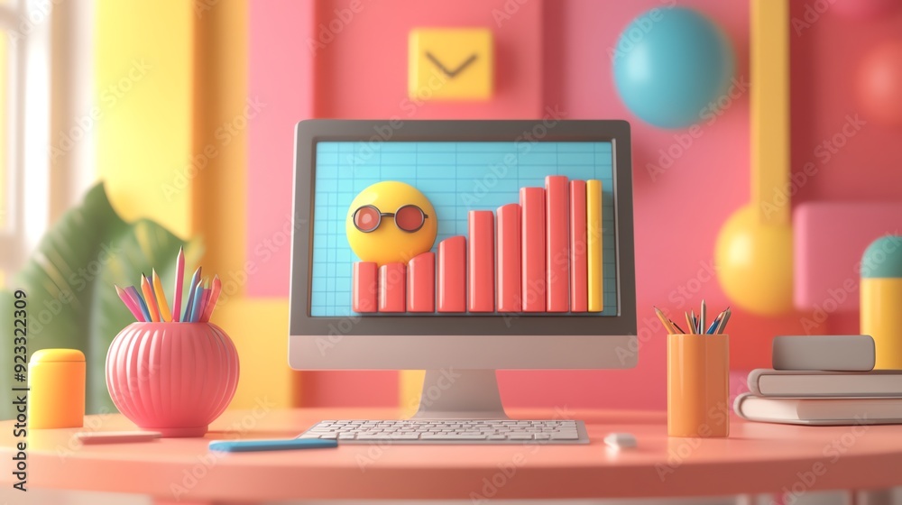 Aufkleber 3D Rendering of Computer with Smiley Face and Graph.