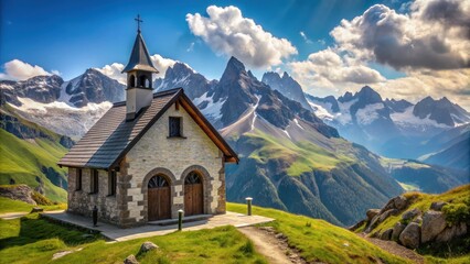 Fototapeta premium Majestic marmot chapel nestled in the Alps , chapel, marmot, Alps, mountain, architecture, religious, landscape, scenic