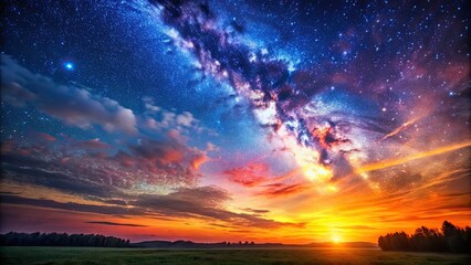 Fototapeta premium Vibrant sunset merging into a starry night sky , day, night, sunset, sunrise, stars, sky, nature, transition, dusk, dawn