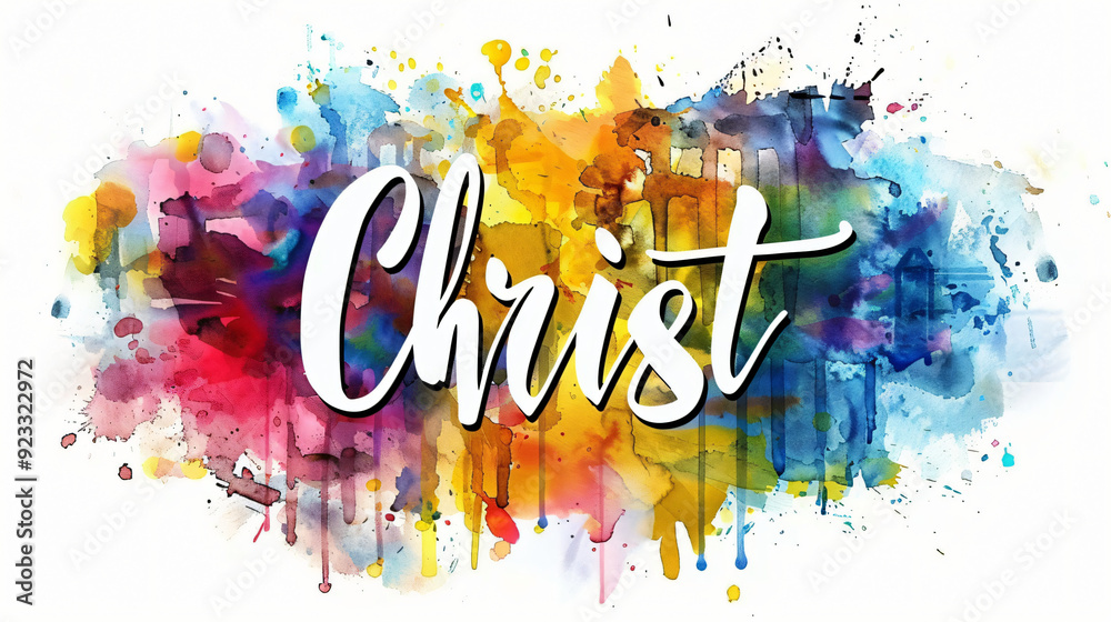 Wall mural colorful watercolor splashing background with the name christ written in white cursive script