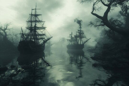 Eerie ghostly pirate ships in misty swamp for atmospheric fantasy book cover or game design