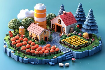 Miniature Farm Village with 3D Rendering