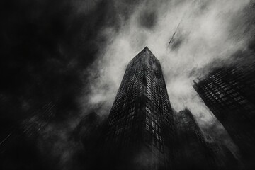 Dramatic monochrome skyscraper images with moody atmosphere and artistic blur for urban architecture and design projects featuring towering buildings in foggy cityscapes