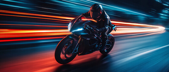 Fototapeta premium Motorcycle Rider Speeding Through City at Night with Light Trails, Motorcycle Rider Speeding Through City at Night with Light Trail