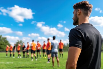 A coach in a black shirt attentively observes and instructs a youth soccer team in orange jerseys during a practice session on a bright and sunny day in an open field.