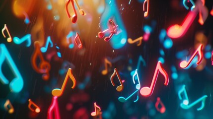 Brightly colored musical notes float dynamically in a dark, abstract background, celebrating music...