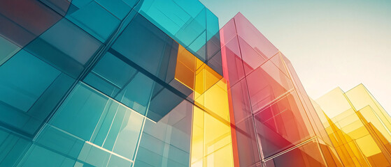 Fototapeta premium Abstract Glass Building Architecture with Blue, Yellow, and Red Colors, and Red