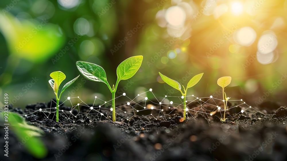 Wall mural close-up view of small plants growing out of the soil with a network of connections between them. th