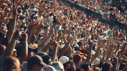 A bustling crowd at a sports event, all with raised hands, capturing the energy and excitement of the moment.