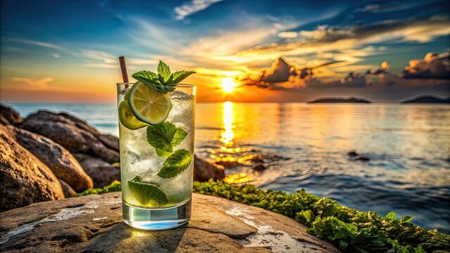 Refreshing mojito cocktail on seaside rocks during sunset, mojito, cocktail, drink, refreshing, beach, seaside, rocks, sunset