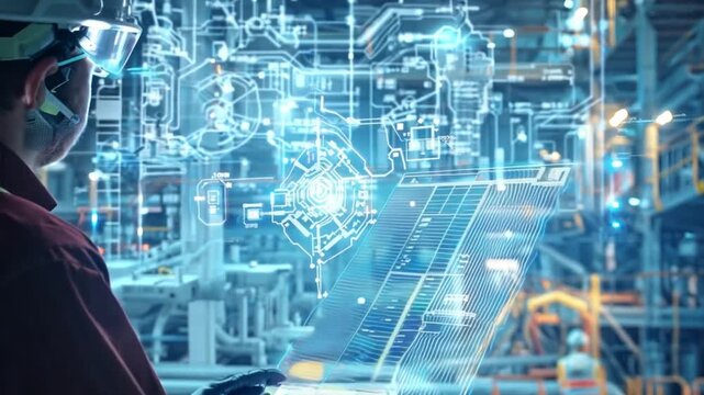 Industrial Vision: A lone worker, clad in safety gear, stands before a holographic blueprint, visualizing the intricate workings of a complex industrial plant. The blue and white hues of the digital o