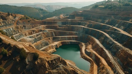 An expansive open-pit mine with layered terraces, revealing a striking landscape of earth tones and a deep, central pool.