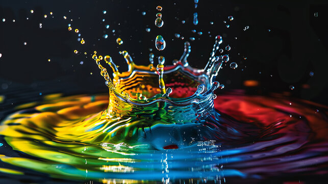 The water froze at the moment the drops fell to the surface, forming a splash that shimmers with bright rainbow colors against a deep black background, creating a spectacular play of light.