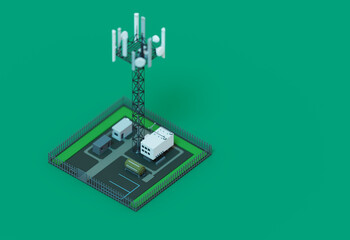 A 3D rendering of a cellular station complex viewed from above. Multiple buildings, fenced grounds, and a parking lot are visible. Narrow roads wind through the site, surrounded by grassy areas.