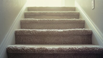 A set of carpeted stairs bathed in soft light, inviting and warm, leading to an unknown destination, filled with potential and stories.