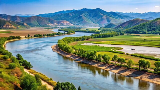 Natural landscape of the Tumen River border between China and North Korea