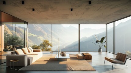 Fototapeta premium A pristine, glass-walled living room with panoramic views of a serene valley, embodying luxury and minimalist design.
