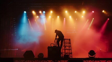 Stage technician working with equipment under a vibrant array of stage lights creates a dynamic...