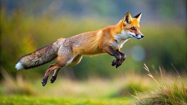 Playful fox jumping gracefully in mid-air, fox, jump, wildlife, animal, nature, agility, motion, energy, fun, cute, wild