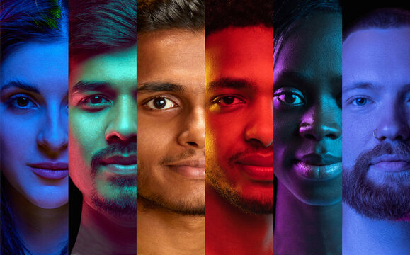 Striking collage of diverse faces in vertical strips, each illuminated by bold, colorful lighting, celebrating individuality. Concept of youth, diversity, human emotions, human rights, social equality