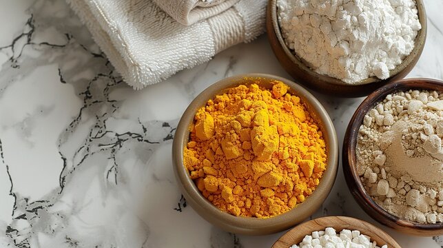 ayurvedic face pack mask using gram flour besan haldi ubtan placed in bowls scrub,white towel on marble table.