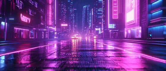 Fototapeta premium Neon Cityscape Street at Night with Rain and Reflections